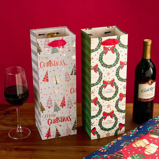 Posh Paper 14"x 4 ¾“ x 4“ Wine Gift Bags, Champagne Bottle Bags-12 Pcs