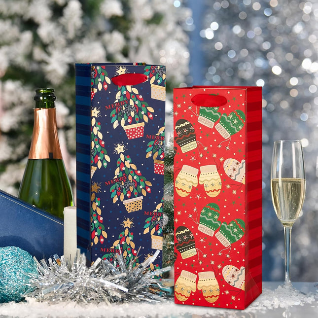 Posh Paper 14"x 4 ¾“ x 4“ Wine Gift Bags, Champagne Bottle Bags-12 Pcs