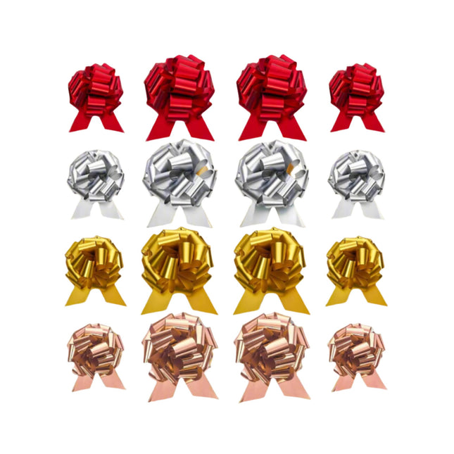Posh Paper Ribbon Bows, Red Pink Gold Silver Gift Pull Bows, Pack of 48