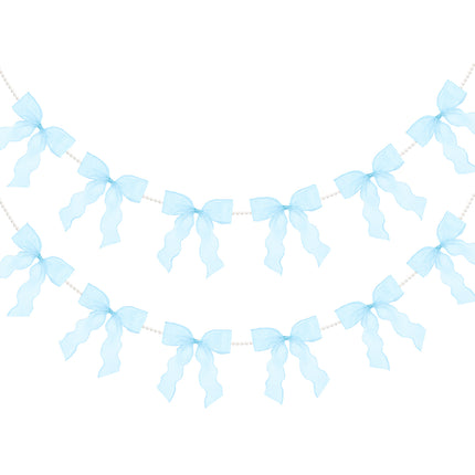 FLAIR GIFTS 2 Strings Blue Bow Garland Banner, Pre-Strung Fish-Tail Organza Ribbon with 6.5ft Pearl Chain for Baby Shower, Bridal Shower, Wedding, Engagement, Graduation & Anniversary Party Decor