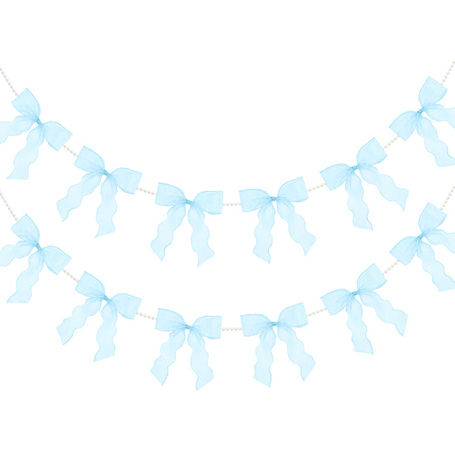 FLAIR GIFTS 2 Strings Blue Bow Garland Banner, Pre-Strung Fish-Tail Organza Ribbon with 6.5ft Pearl Chain for Baby Shower, Bridal Shower, Wedding, Engagement, Graduation & Anniversary Party Decor