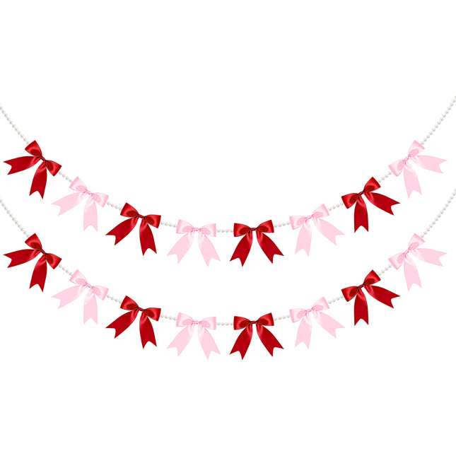 FLAIR GIFTS 2 Strings Red & Pink Bow Garland Banner, Pre-Strung Satin Ribbon with 6.5ft Pearl Chain for Bridal Shower, Bachelorette Party, Birthday, Baby Shower, Engagement, Anniversary Decor