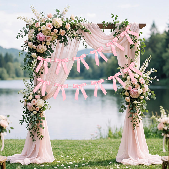 FLAIR GIFTS 2 Strings Coquette Pink Bow Garland Banner, 6.5ft Pearl Chain Pre-Strung Satin Ribbon for Soft Girl Aesthetic, Pink Birthday, Girl Baby Shower, Valentine’s Day & Preppy Room Decor