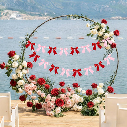 FLAIR GIFTS 2 Strings Red & Pink Bow Garland Banner, Pre-Strung Satin Ribbon with 6.5ft Pearl Chain for Bridal Shower, Bachelorette Party, Birthday, Baby Shower, Engagement, Anniversary Decor