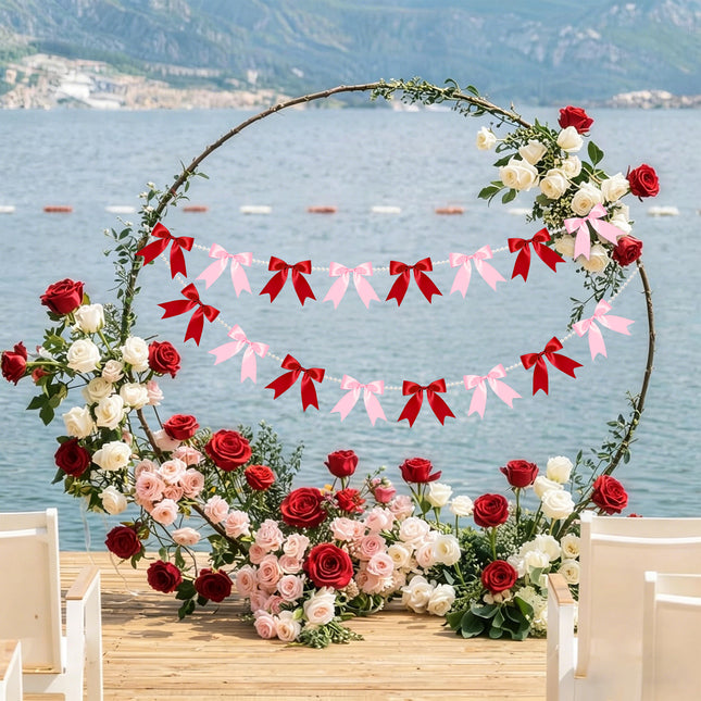 FLAIR GIFTS 2 Strings Red & Pink Bow Garland Banner, Pre-Strung Satin Ribbon with 6.5ft Pearl Chain for Bridal Shower, Bachelorette Party, Birthday, Baby Shower, Engagement, Anniversary Decor