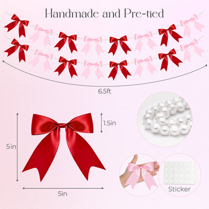 FLAIR GIFTS 2 Strings Red & Pink Bow Garland Banner, Pre-Strung Satin Ribbon with 6.5ft Pearl Chain for Bridal Shower, Bachelorette Party, Birthday, Baby Shower, Engagement, Anniversary Decor