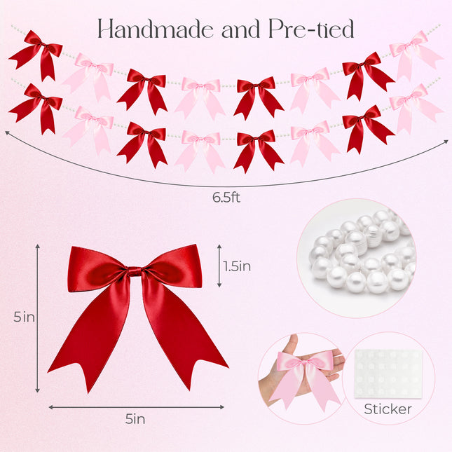 FLAIR GIFTS 2 Strings Red & Pink Bow Garland Banner, Pre-Strung Satin Ribbon with 6.5ft Pearl Chain for Bridal Shower, Bachelorette Party, Birthday, Baby Shower, Engagement, Anniversary Decor