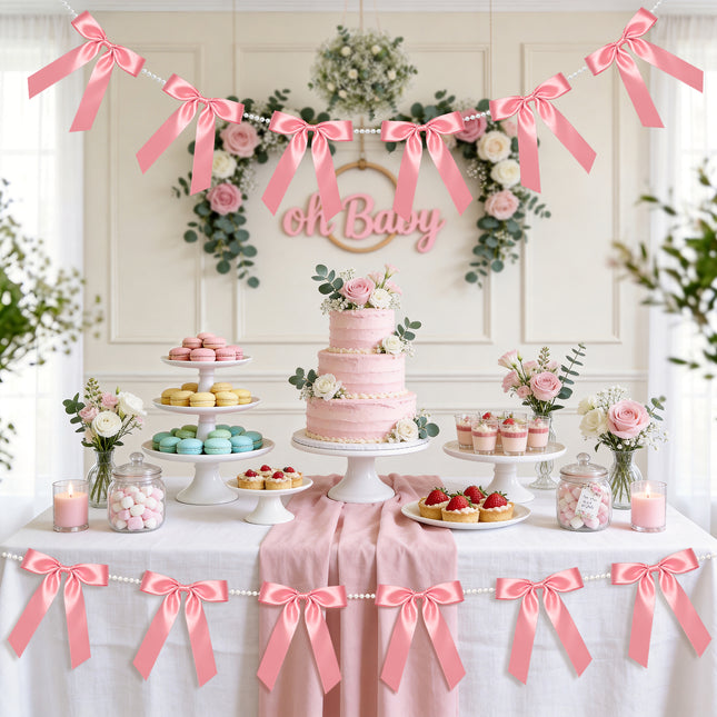 FLAIR GIFTS 2 Strings Dusty Rose Bow Garland Banner, 6.5ft Pearl Chain Pre-Strung Ribbon for Chic Bridal Shower, Muted Rose Wedding Decor, Sophisticated Birthday, Anniversary & Victorian Tea Party