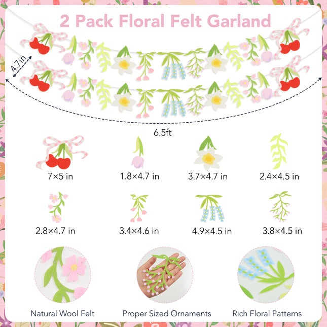 FLAIR GIFTS 2-Pack Wildflower Felt Garland, 8ft Colorful Floral Banner with Lavender & Daisy, Pre-Strung Cherry Blossom Bunting with Bows, Cottagecore Nursery Decor & Garden Party Supplies