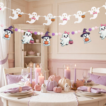 FLAIR GIFTS 2-Pack Halloween Ghost Felt Garland, 8ft 3D Cute Ghost Banner with Pom Poms, Pre-Strung Pastel Pink & Purple Halloween Decorations for Home, Fireplace Mantel, Classroom, Party Décor