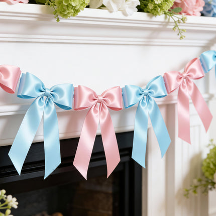 1-String Pink & Blue Bow Garland Banner, 8 Pre-Strung Double-Loop Satin Ribbon Bows, Valentines Day Decor for Baby Shower Bridal, Birthday & Wedding Party, Reusable Girls Coquette Room Wall Decor