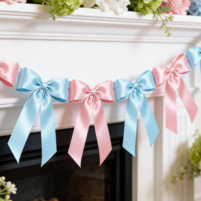 1-String Pink & Blue Bow Garland Banner, 8 Pre-Strung Double-Loop Satin Ribbon Bows, Valentines Day Decor for Baby Shower Bridal, Birthday & Wedding Party, Reusable Girls Coquette Room Wall Decor