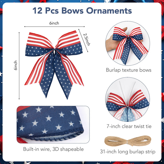 4th of July Decoration, 12 Pcs Patriotic Burlap Bows 6x6 Inch, Memorial Day Decorations Bows with Burlap Strip, Fourth of July Garland for Independence Day, Firepalce Wreath 250th Anniversary Decor