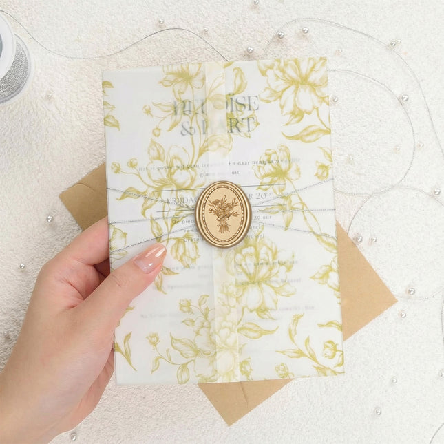 31mm Matte Gold Vintage Frame Bouquet Wax Seal Stickers - 50pcs Round Edge