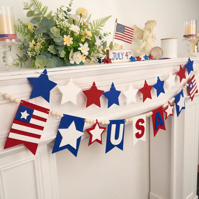 Flair Gifts 2 Pack 4th of July Garland, 6.5ft Felt Patriotic USA Garland for Mantel Red White Blue Star w/Wood Bead Flag Banner Decor for 250th Anniversary Independence Day Veterans Memorial Party