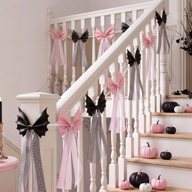 FLAIR GIFTS 6.5ft Halloween Bat Bow Pearl Garland, Black & Pink Decor
