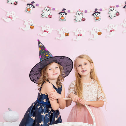 FLAIR GIFTS 2-Pack Halloween Ghost Felt Garland, 8ft 3D Cute Ghost Banner with Pom Poms, Pre-Strung Pastel Pink & Purple Halloween Decorations for Home, Fireplace Mantel, Classroom, Party Décor
