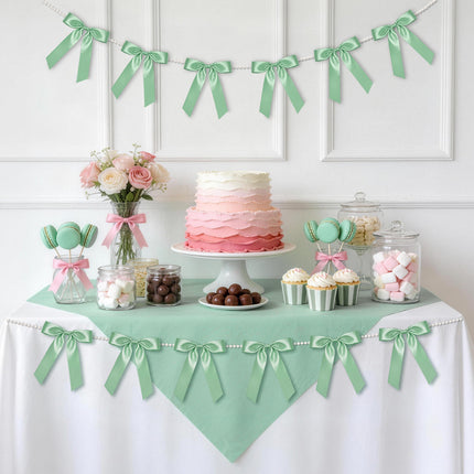 FLAIR GIFTS 2 Strings Sage Green Bow Garland Banner, 6.5ft Pearl Chain Pre-Strung Satin Ribbon for Woodland Baby Shower, Garden Wedding, Forest First Birthday, Neutral Nursery & Botanical Party Decor