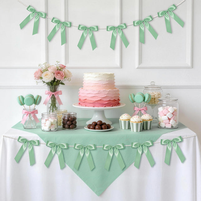 FLAIR GIFTS 2 Strings Sage Green Bow Garland Banner, 6.5ft Pearl Chain Pre-Strung Satin Ribbon for Woodland Baby Shower, Garden Wedding, Forest First Birthday, Neutral Nursery & Botanical Party Decor