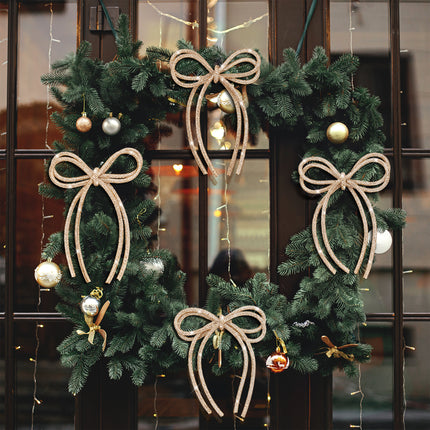 FLAIR GIFTS 6 Pcs 5" x 7" 2026 Christmas Bow Ornaments, Champagne Gold Double-Layer Sparkly Glitter Rhinestone Bows with Twist Tie for Xmas Tree Decoration, Wreath, Garland, Gift Wrapping