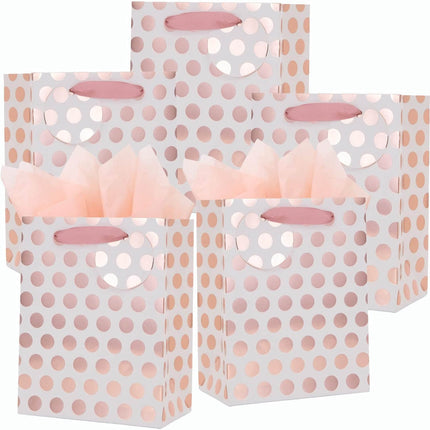 12Pcs Rose Gold Foil Gift Bag Bulk, Pink Polka Dots with Tag