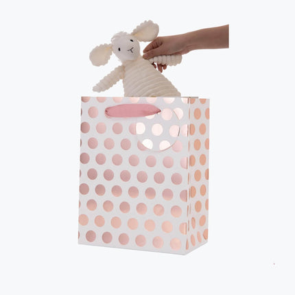 12Pcs Rose Gold Foil Gift Bag Bulk, Pink Polka Dots with Tag