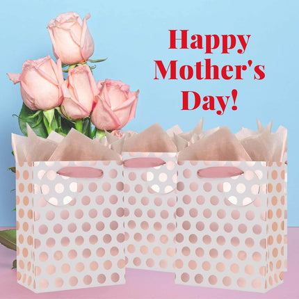 12Pcs Rose Gold Foil Gift Bag Bulk, Pink Polka Dots with Tag