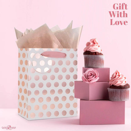 12Pcs Rose Gold Foil Gift Bag Bulk, Pink Polka Dots with Tag
