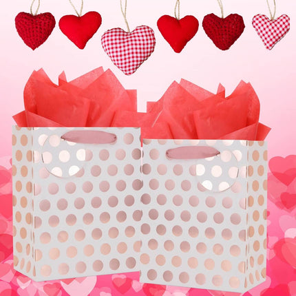 12Pcs Rose Gold Foil Gift Bag Bulk, Pink Polka Dots with Tag