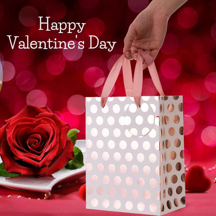 12Pcs Rose Gold Foil Gift Bag Bulk, Pink Polka Dots with Tag