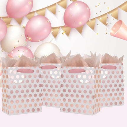 12Pcs Rose Gold Foil Gift Bag Bulk, Pink Polka Dots with Tag