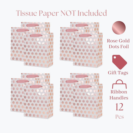 12Pcs Rose Gold Foil Gift Bag Bulk, Pink Polka Dots with Tag
