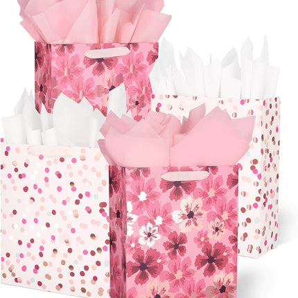 12Pcs Floral Polka Dot Large Gift Bags Bulk with Tissue Paper