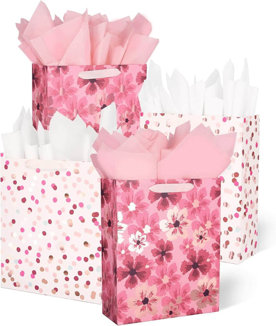 12Pcs Floral Polka Dot Large Gift Bags Bulk with Tissue Paper
