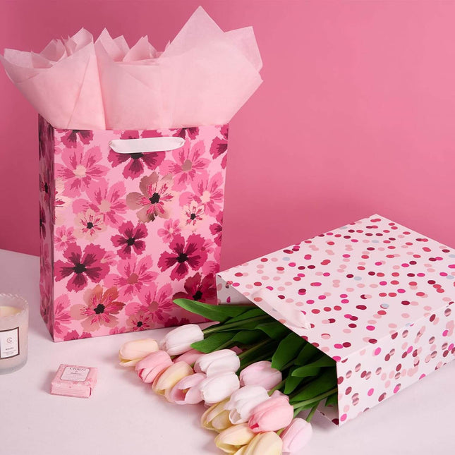 12Pcs Floral Polka Dot Large Gift Bags Bulk with Tissue Paper