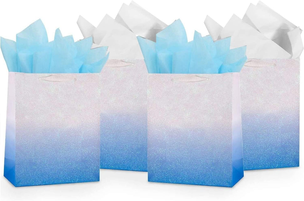 12Pcs Ombre Blue Medium Gift Bags with 24 Tissue Paper