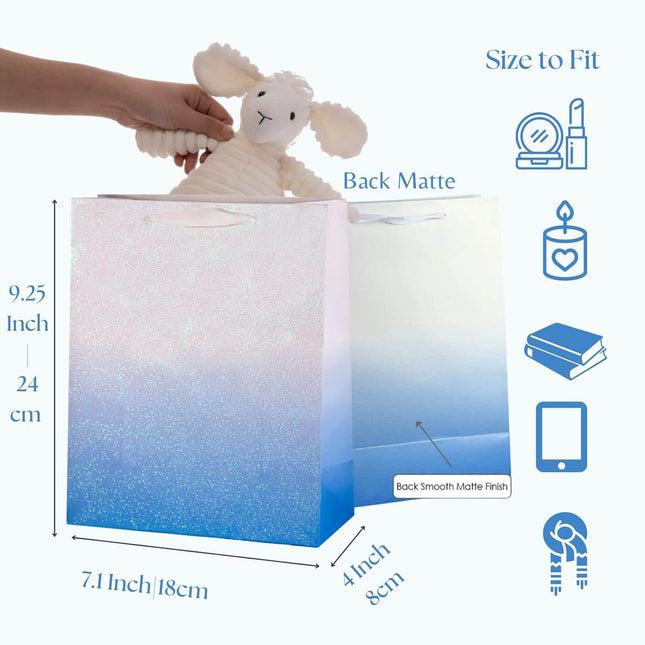 12Pcs Ombre Blue Medium Gift Bags with 24 Tissue Paper