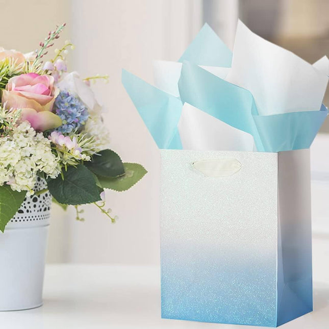 12Pcs Ombre Blue Medium Gift Bags with 24 Tissue Paper