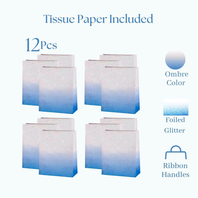 12Pcs Ombre Blue Medium Gift Bags with 24 Tissue Paper