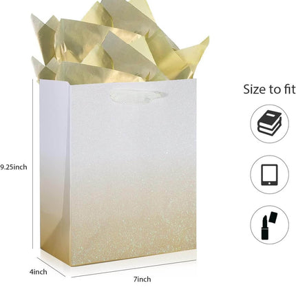 12Pcs Ombre Gold Medium Gift Bags with 24 Tissue Paper