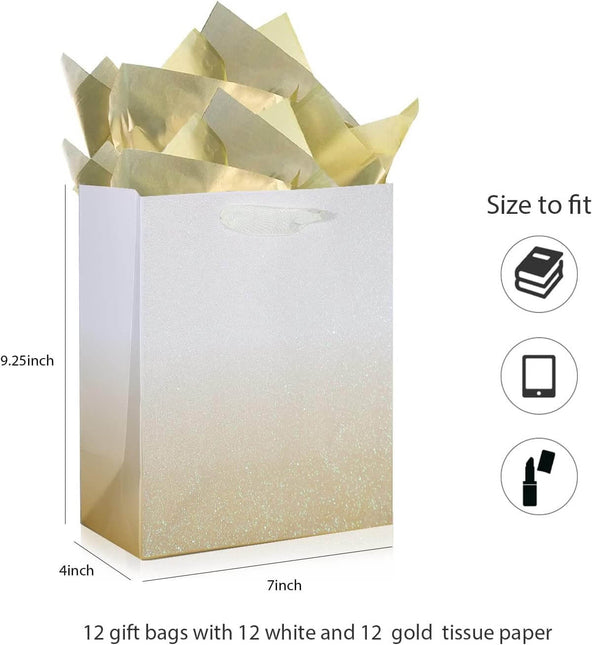 12Pcs Ombre Gold Medium Gift Bags with 24 Tissue Paper