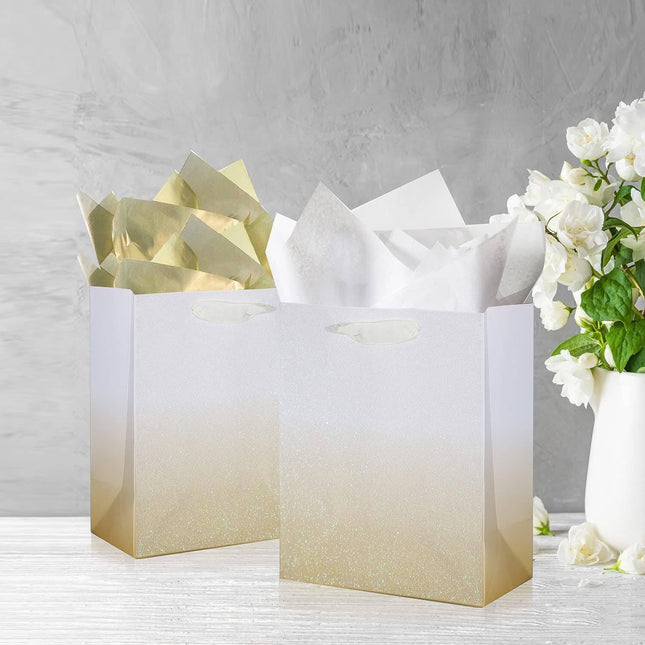 12Pcs Ombre Gold Medium Gift Bags with 24 Tissue Paper