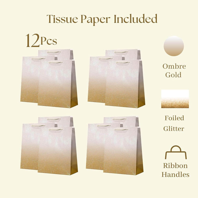 12Pcs Ombre Gold Medium Gift Bags with 24 Tissue Paper