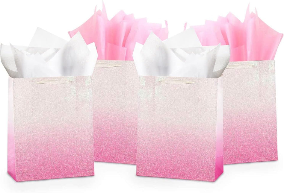 12Pcs Ombre Pink Medium Gift Bags with 24 Tissue Paper