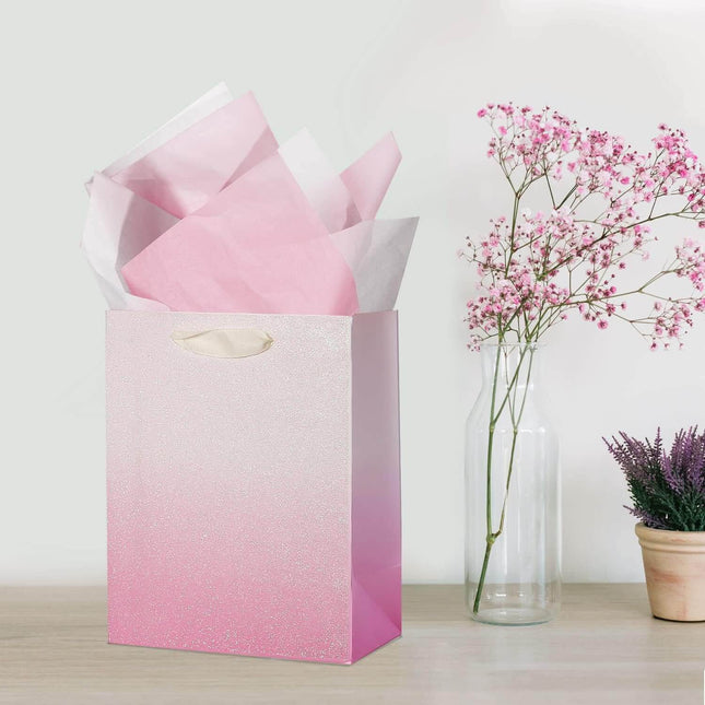 12Pcs Ombre Pink Medium Gift Bags with 24 Tissue Paper