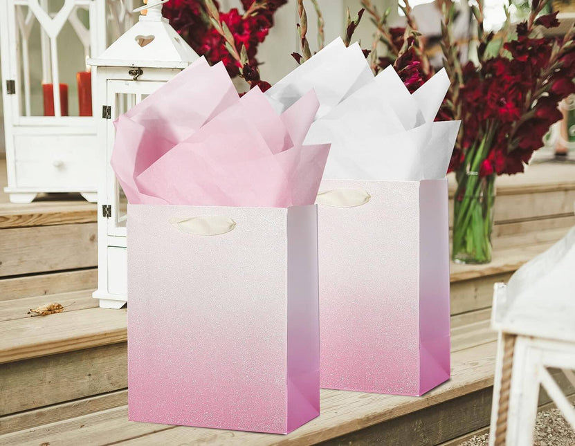 12Pcs Ombre Pink Medium Gift Bags with 24 Tissue Paper
