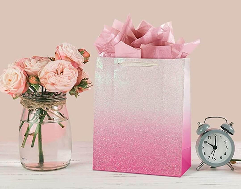 12Pcs Ombre Pink Medium Gift Bags with 24 Tissue Paper