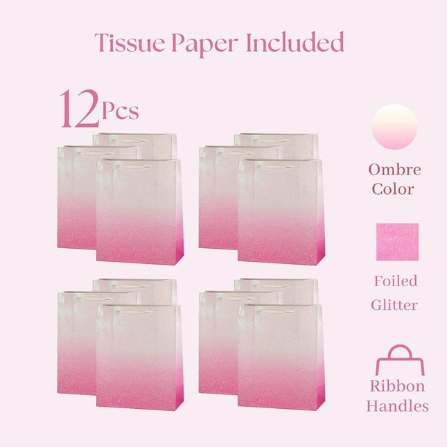 12Pcs Ombre Pink Medium Gift Bags with 24 Tissue Paper