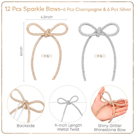 FLAIR GIFTS 12 Pcs 4.3" x 6" 2026 Christmas Bows for Tree Decor, 6 Pcs Champagne Gold & 6 Pcs Silver Sparkly Glitter Rhinestone Bow Ornaments for Xmas Decoration, Wreath, Garland, Gift Wrapping