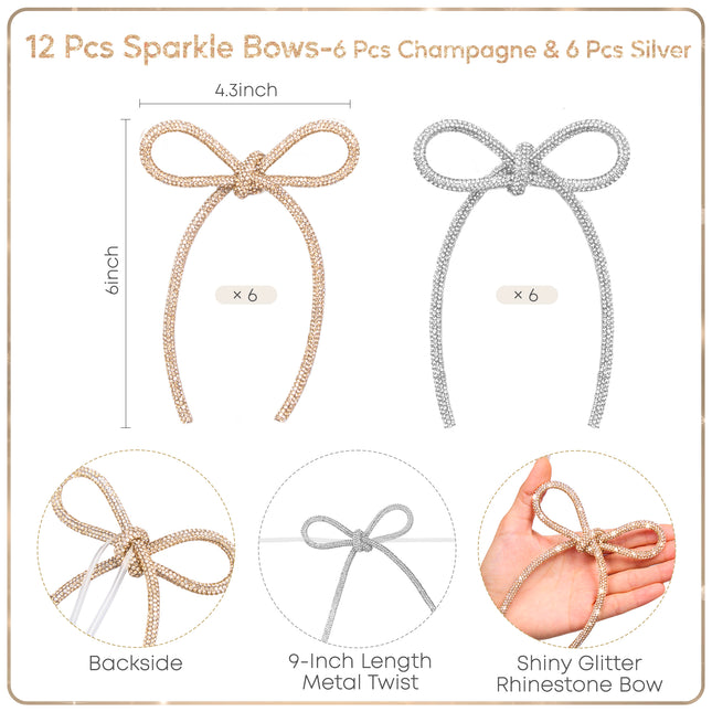 FLAIR GIFTS 12 Pcs 4.3" x 6" 2026 Christmas Bows for Tree Decor, 6 Pcs Champagne Gold & 6 Pcs Silver Sparkly Glitter Rhinestone Bow Ornaments for Xmas Decoration, Wreath, Garland, Gift Wrapping